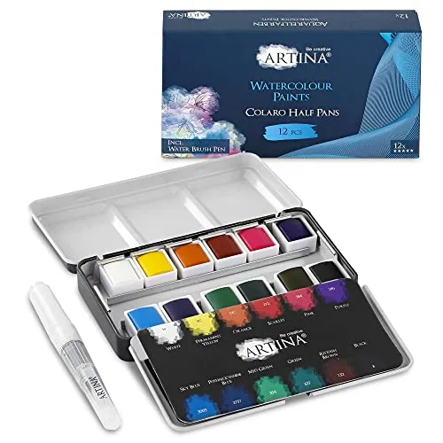 Artina Farbkasten Aquarellfarben Malkasten Metallkasten mit Palette | 12 Set Wasserfarbe Aquarell Näpfchen Wasserfarben Malset und Wassertankpinsel Pinselstift Aquarellset Malen Kinder Colaro