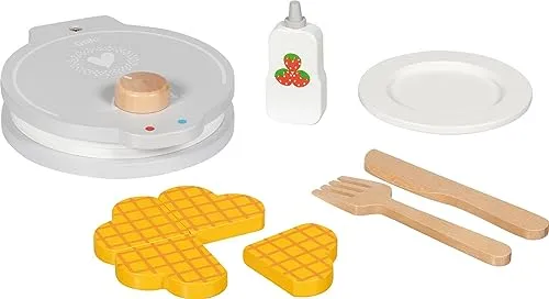 goki 51532 Waffeleisen aus Holz mit Zubehör – 9-teiliges Kinderküchen- und Kaufladen-Set mit Waffeln, Sirup & Geschirr für Puppenküche