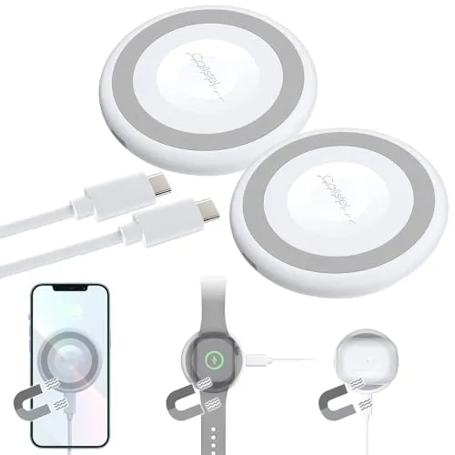 Callstel Ladekabel Apple Watch SE: 2er-Set kabellose 3in1-Ladepads, Qi- & MagSafe-kompatibel, 15 W, weiß (iPhone MagSafe Ladestation, Qi-Wireless-Charger USB-C, Handyhalterung)