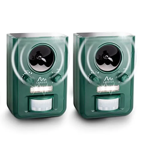 Gardigo Tiervertreiber Ultraschall Solar - 2er Set | Marderabwehr, Katzenschreck mit Blitzlicht | Multifrequenz Gerät, 5 Modi, Gesamtfläche ca. 75m² (ca. 9 m, 110°) | Batterien & USB-Ladekabel