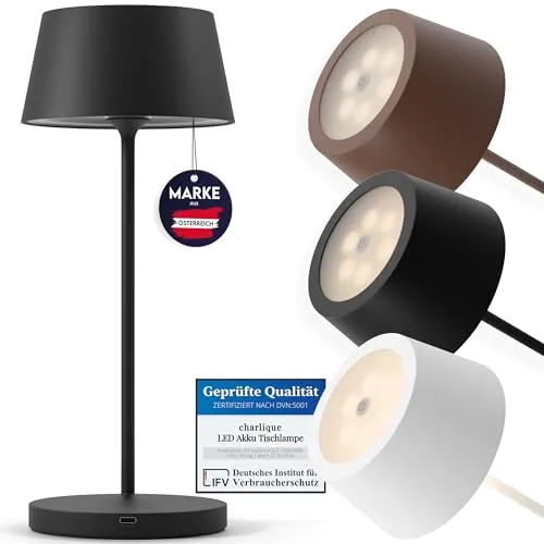 charlique® LED Tischlampe kabellos (schwarz) - Dinner Light 34 cm - Premium Akku Tischleuchte mit USB, für innen und außen, warmes Licht - wetterfest für Balkon, Terrasse & Garten