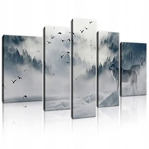 WallArena - Leinwand Bilder - Wolf Wald Nebel - 170x100 cm Leinwandbilder - Bild auf leinwand - Wandbild XXL groß Wandbilder für Wohnzimmer Schlafzimmer Wohnzimmerbilder Modern