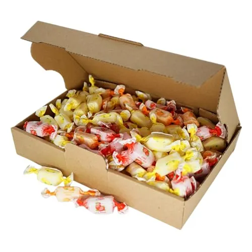 Deine Naschbox | Zuckerfreie Fruchtsaft Toffees | 500g lose im Karton | XL Fruchtbonbon Vorrat | Kaubonbons | 3er Mix | ohne zusätzliche Umverpackung