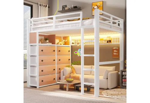Merax Hochbett Etagenbett 90x200 mit Gaming-Schreibtisch und LED-Lichtband
