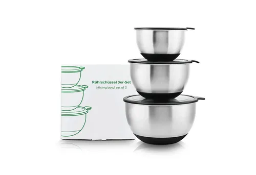Wundermix Rührschüssel Edelstahl 3er-Set mit Deckel - Rührschüsseln, perfekt stapelbar und in drei praktischen Größen (1,5 L, 3 L, 5 L) für vielseitige Einsatzmöglichkeiten in der Küche.