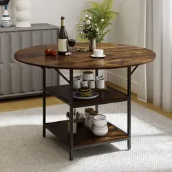 COSTWAY Runder Esstisch 120cm für 4-6 Personen - Vintage Braun - Moderner Esstisch mit 120 cm Durchmesser bietet Platz für 4 bis 6 Personen. Mit zwei Ablagefächern für Ordnung und abgerundeten Ecken für Sicherheit. Ideal für kleine Räume und flexible Nutzung in Küche oder Esszimmer.