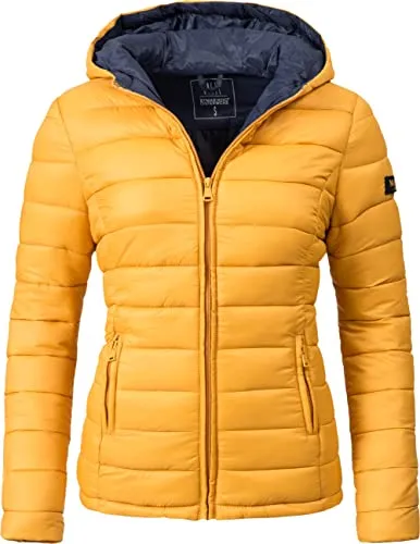 MARIKOO Damen Übergangsjacke leichte Steppjacke kurz mit Kapuze Lucy Gelb Gr. M