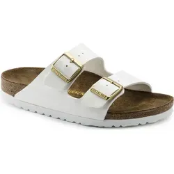 BIRKENSTOCK Arizona Birko-Flor Pantoletten für Damen, Weiß Lack, 42 EU (8 UK) - Stylische Pantoletten mit anatomisch geformtem Kork-Latex-Fußbett und individuell verstellbaren Riemen, ideal für Komfort und Passform im Alltag.