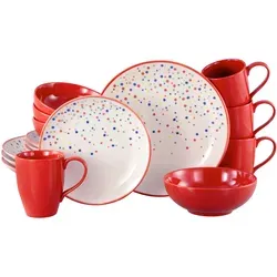 CreaTable Joy Rot-bunt 16-tlg Kombiservice - Kombiservice für 4 Personen aus langlebigem Steinzeug, spülmaschinen- und mikrowellengeeignet, mit fröhlichem skandinavischem Design in Rot und bunten Punkten.