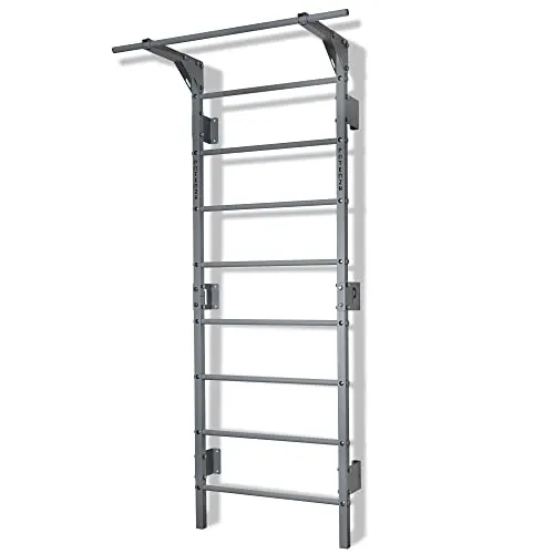 Sprossenwand mit Klimmzugstange Pull Up Bar Turngeräte Fitness Turnwand Klettergerüst bis 250kg Kletterwand Gym Sportgerät für Erwachsene Heim Turnhalle (Grau - mit Klimmzugstange)