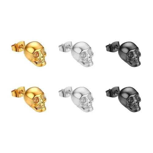 YSJCHEBS 6 Stück Totenkopf-Ohrringe, Piraten-Ohrringe, Stahl, Schwarz, Gold, Edelstahl, Unisex, Modern, Schädel, Dangle, EARRING