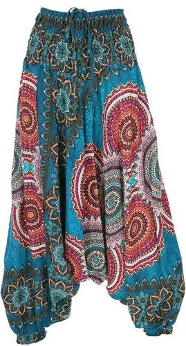 Afghani Haremshose für Damen - Ethno Style in Blau - Neu und fair gehandelt: Diese luftige Haremshose aus 100% Viskose bietet einen bequemen Sitz und ist ideal für den Frühling-Sommer. Weit geschnitten und elastisch, perfekt für entspannte Tage.