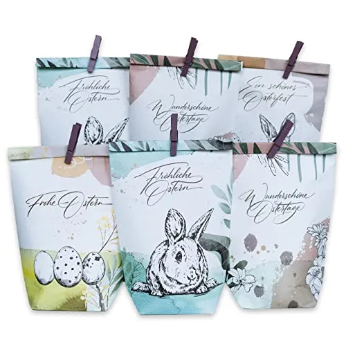 Papierdrachen 12 bedruckte Geschenktüten zu Ostern - Modern - ideale Geschenkidee oder Oster Dekoration - mit Holzklammern | Osternest zum Basteln und Verschenken - Set 7