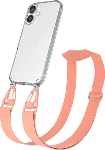 EAZY CASE - Hülle mit Band für Apple iPhone 16, Handyhülle mit Umhängeband, Silikonhülle transparent, Handykette in Orange
