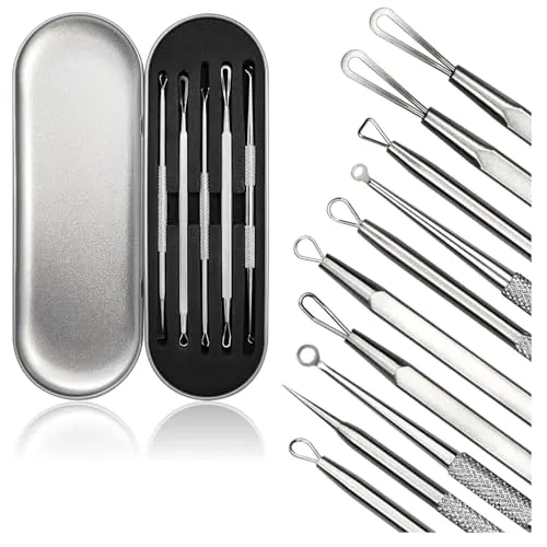 com-four® Mitesserentferner-Set – 5-teiliges Edelstahl-Werkzeug für die Gesichtsreinigung, Blackhead Remover aus Edelstahl – Komedonenquetscher, Mitesser & Pickel-Ausdrücker für klare Haut