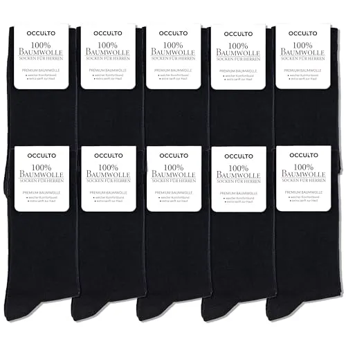 Occulto Herren 100% Baumwolle Socken 10-20er Pack (Modell: Ingo) 39-42 10 Paar | Schwarz