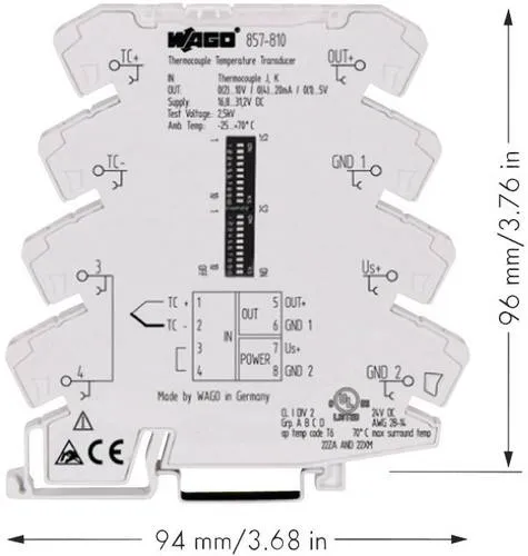 Wago 857-810 Temperaturmessumformer für Thermoelemente - Sonstiges, kompakter Messumformer mit hohem Messbereich von -150 bis 1350 °C und integrierter Konfigurationsfunktion für präzise Temperaturmessungen.