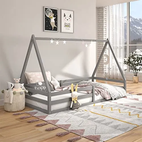 IDIMEX Hausbett SILA - Montessori Kinderbett 90 x 200 cm - Kleinkindbett aus massivem Kiefernholz mit Rausfallschutz und kreativem Dach, ideal als Spielbett und Kuscheloase für Ihr Kinderzimmer.