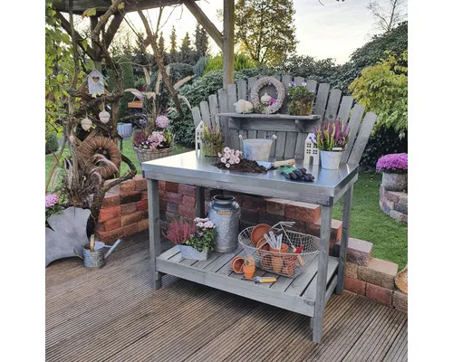 Promadino Gärtnertisch Helga, grau - Pflanztische mit tauchimprägniertem, verzinktem Arbeitsbereich und FSC-Zertifizierung für nachhaltige Gartenarbeit.