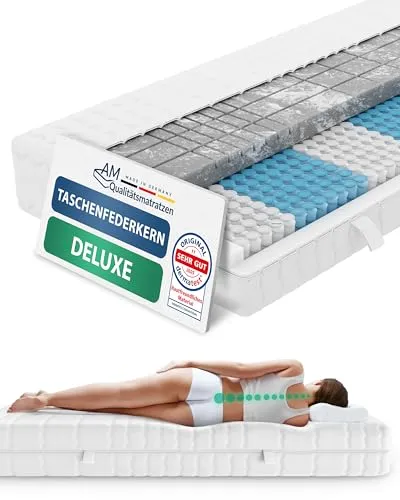 AM Qualitätsmatratzen 3D Deluxe 7-Zonen Taschenfederkernmatratze 90x200 H3 - Orthopädisch und Made in Germany - Hochwertige 7-Zonen Taschenfederkernmatratze (90 x 200 cm - H3) mit optimaler Körperanpassung, 24 cm hoch, und hervorragender Feuchtigkeitsregulierung für erholsamen Schlaf. 30 Nächte Probeschlafen garantiert!