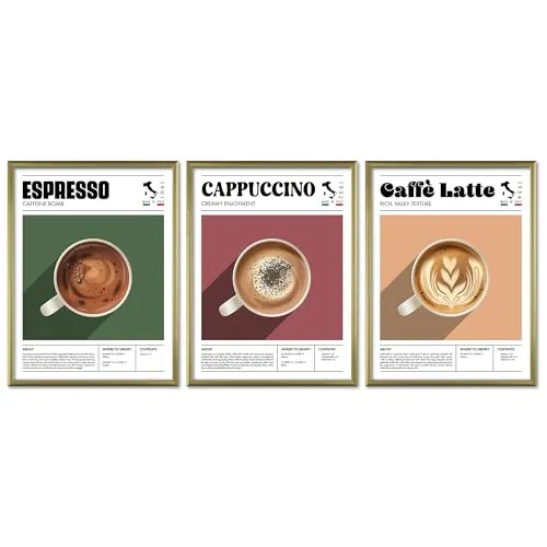 ARTFAVES® Poster Set - Coffee Types - 3-teilige Bildercollage Küche, Esszimmer, Wohnzimmer - moderne Wandbilder Espresso, Cappuccino, Caffè Latte, Kaffee Deko - 30x40 cm - mit Rahmen Gold