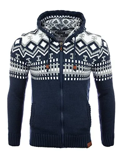 Reslad Herren Grobstrick Norweger Winter Strickjacke mit Kapuze RS-3104 Blau M - Kapuzenpullover für Herren mit aufwendigem Norweger Strickmuster, ideal für kalte Tage, hochwertige Verarbeitung und stylische Leder-Brand Patches.