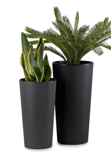 HowHomely 2X Blumentopf Gross mit Pflanzkübel Einsatz | Schwarz Pflanzkübel Groß aus Kunststoff für Deko Wohnzimmer oder Garten | Set aus 2 Blumenübertopf (30xh57cm & 25xh46)