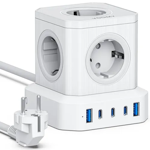 Produktbild VOOMY 65W Mehrfachstecker, Steckdosenwürfel mit 3 USBC und 2 USB Ladegerät, Ladestation mit 2M Verlängerungskabel, Steckerleiste Überspannungsschutz, Verteilersteckdosemit Schalter, Powercube Weiß