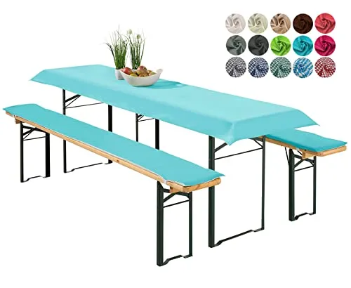 heimtexland ® Bierzeltgarnitur Auflagen Set 3-teilig - Praktisches 3-teiliges Set für Bierzeltgarnituren in aqua, ideal für Tischmaß 50 x 220 cm. Strapazierfähig und pflegeleicht, mit geprüfter Qualität nach Ökotex Standard 100.