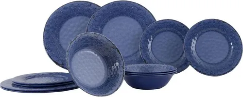 Gimex Stone Line Dekor Geschirrset, 12-teilig, blau - Melamin Geschirr-Set, 100% hochwertiges Melamin, unzerbrechlich und kratzfest, ideal für Gartenpartys und Camping.