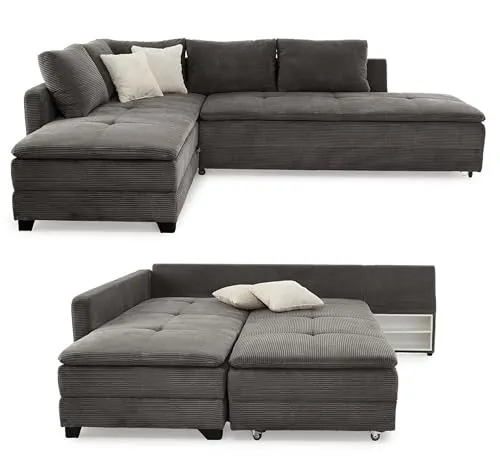 luma-home Ecksofa 15163, Dauerschläfer-Doppelbett mit Bettkasten - Ecksofa mit Schlaffunktion, hochwertiger Boxspringpolsterung und modernem Cord-Bezug. Ideal für Wohnzimmer und Gästezimmer, bietet maximalen Sitz- und Schlafkomfort.