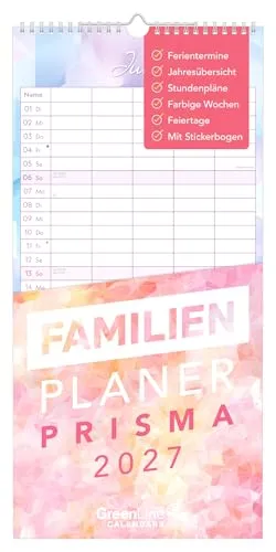 Familienplaner Prisma 2027: Wandkalender 22x45 cm im Rainbow-Design mit 5 Spalten, Stickerbogen, Ferienübersicht & 4-sprachigem Kalendarium für Familien
