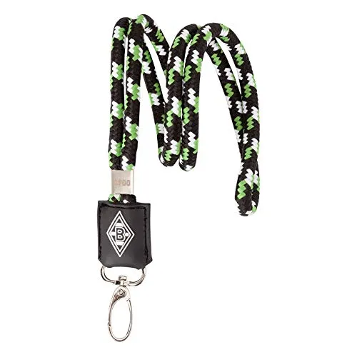 Borussia Mönchengladbach Lanyard Kordel | Offizieller Fanartikel Fohlenshop | 3D-Raute, Geflochten, Schwarz/Weiß/Grün, Metallkarabiner Schlüsselanhänger Gladbach Anhänger