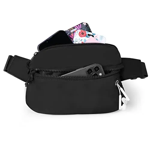 Vinabo Bauchtasche für Herren und Damen, wasserdicht, mit Kopfhöreranschluss und 2 Taschen, schicke Gürteltasche, Verstellbarer Gürtel, für Training im Freien, Wandern, Camping, Schwarz, one Size,