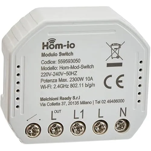 Hom-io HOM-MOD-SWITCH 1X10A WiFi-Modul, 1-Kanal-Schalter für sauberen Kontakt für Lichtpunkte und elektrische Geräte, kompatibel mit Alexa und Google Home, Hom-io App Steuerung und Smart Life