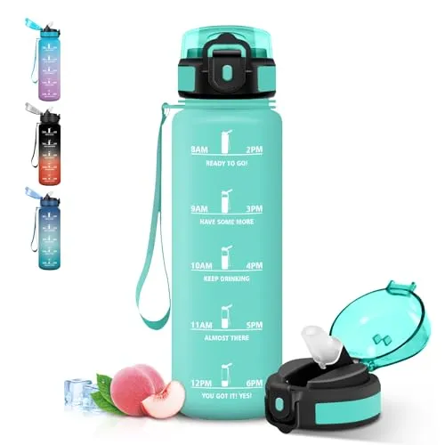 Grsta Trinkflasche 1l, Wasserflasche Auslaufsichere, Trinkflasche Sport mit Sichere Verriegelung, Mit Zeitmarkierung und Schnürung, Flasche mit Strohhalm für Uni, Arbeit, Fahrrad