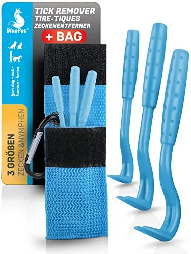 BluePet 3er Set Zeckenhaken für Hunde, Katze, Pferd & Mensch I Zeckenzangen mit Tasche Zeckenhebel als bewährter Zeckenentferner I Alternative zu Zeckenpinzette, Zeckendreher & Zeckenmittel