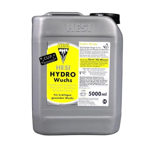 Hesi Hydro Wuchs 5L - Vegetativer Wachstums-Dünger für Hydro und Aeroponik - Dünger für Hydroponik mit mineralischer Basis, ideal für kräftiges Pflanzenwachstum und hohe Erträge, 5000 ml Konzentrat im praktischen Kanister.