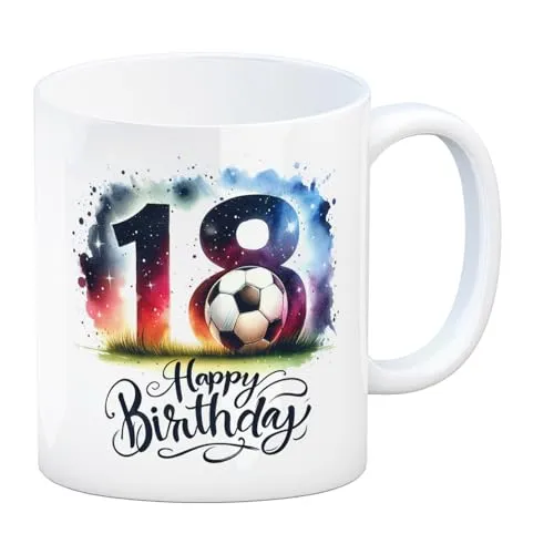 speecheese Happy Birthday 18 Fußball Kaffeebecher mit Spruch Happy Birthday 18 mit Ball und Fußballfeld Hintergrund Perfekt für Sport- und Fußballbegeisterte Feste