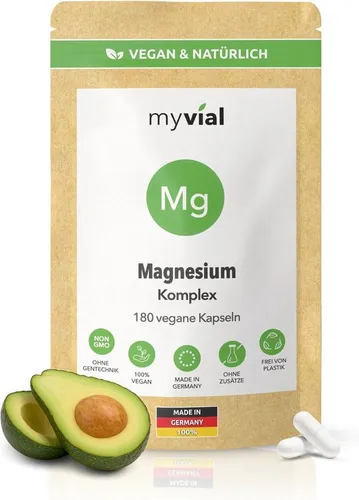 myvial 5-Fach Magnesium Komplex Kapseln für optimale Bioverfügbarkeit Kapseln, vegane Kapseln, Dicitrat, Bisglycinat, Malat, Threonat & Taurinat à 180 St., plastikfrei verpackt, 90 Tage Vorrat, höchste Qualität