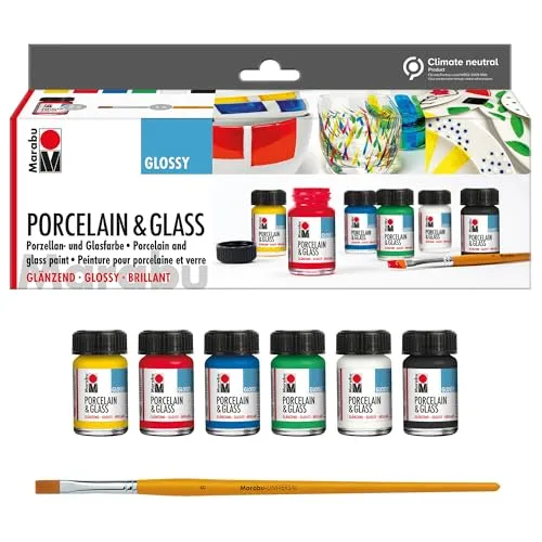 Marabu PORCELAIN & GLASS GLOSSY Starter-Set für Porzellan- und Glasmalerei - Vielseitiges Starter-Set mit 6 glänzenden Farben (15 ml) für kreative Projekte. Ideal zum Malen, Stempeln und Schablonieren. Einfache Anwendung, trocknet in 3 Tagen, spülmaschinenfest und vegan.