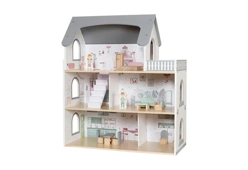 TikTakToo Traumhaftes Puppenhaus Grau mit 14-teiligem Zubehörset - Hochwertiges Holzpuppenhaus mit drei Etagen und Balkon für kreativen Spielspaß. Komplett eingerichtet mit 14 Möbelstücken und zwei Puppen, ideal für kleine Puppenfans.