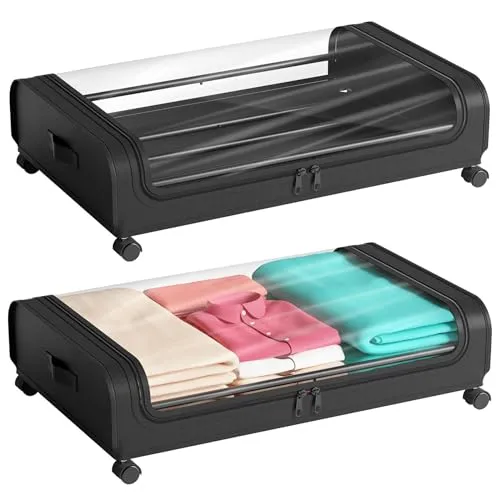 Unterbett Aufbewahrungsbox 2 Stück Unterbettkommode mit Rollen Deckel 48L Metallrahmen Bettkasten Organizer Aufbewahrungstasche Faltbare Unterbettbox für Kleidung Schuhe Decken Bettwäsche (Schwarz)