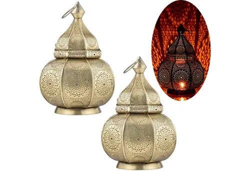 Marrakesch Teelichthalter 2er Set Lamisa Gold - Teelichthalter und Tischlampe in einem! Handgefertigte orientalische Laterne aus Metall, ideal für Kerzen oder elektrische Leuchtmittel. Verleihen Sie Ihrem Raum eine warme, einladende Atmosphäre.