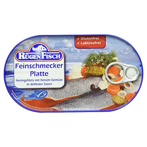 Rügenfisch Feinschmecker Platte, Heringsfilet mit feinem Gemüse, 200 g - Zarte Heringsfilets mit feinem Gemüse in delikater Sauce. Ideal für den täglichen Genuss, nachhaltig und mit geprüfter Qualität.