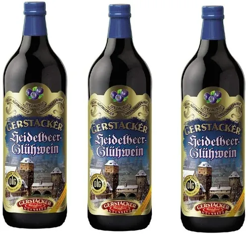 GERSTACKER Heidelbeer-Glühwein (6 x 1l) - DLG-prämierter Fruchtglühwein aus Nürnberg, mit unveränderter Rezeptur und natürlichen Gewürzen. Trinkfertig, einfach erhitzen und genießen – ideal für gemütliche Winterabende.