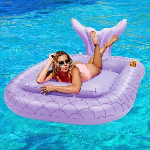 HeySplash Aufblasbares Pool Luftmatratze, Pool Aufblasbares Bett in Meerjungfrau Schwanzform mit Tassenhalter, Sommer Pool Tragbar Große Bräunung Pool Freien Schwimmende Flöße für Erwachsene, Lila