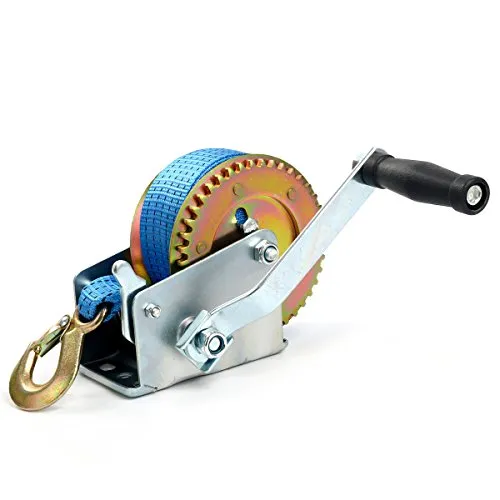FreeTec Handwinde 453,6KG Stahl Bootswinde Handseilwinde mit 8M Polyester-Gurtband Seilwinde Manuelle Gurtswinde mit Handkurbel und Bremse für Werkstatt, Garage, Anhänger, Boot