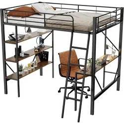 Bettgestell Metallbett(90x200cm,Schwarz)Eisenbett, Hochbett mit Schreibtisch und drei großen Ablagen für Kinder, Jugendliche und Erwachsene - Schwarz