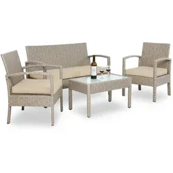 Casaria Balkonset 7-teilig für 4 Personen - Wetterfestes Polyrattan Balkonmöbel-Set in Creme, ideal für gesellige Stunden im Freien mit 2 Sesseln und einer Gartenbank.